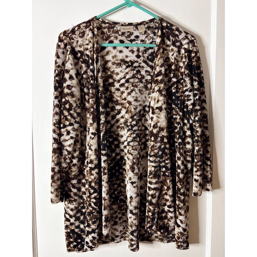 Easywear by Chicos Women Brown Animal Print Pleated Open Front Cardigan Size 2